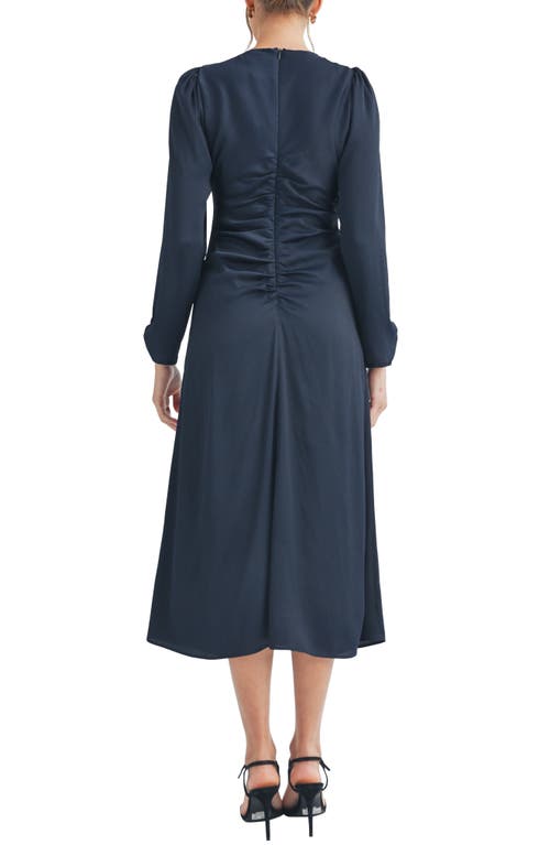 Mila Mae Scrunch Satin Long Sleeve Dress In Navy