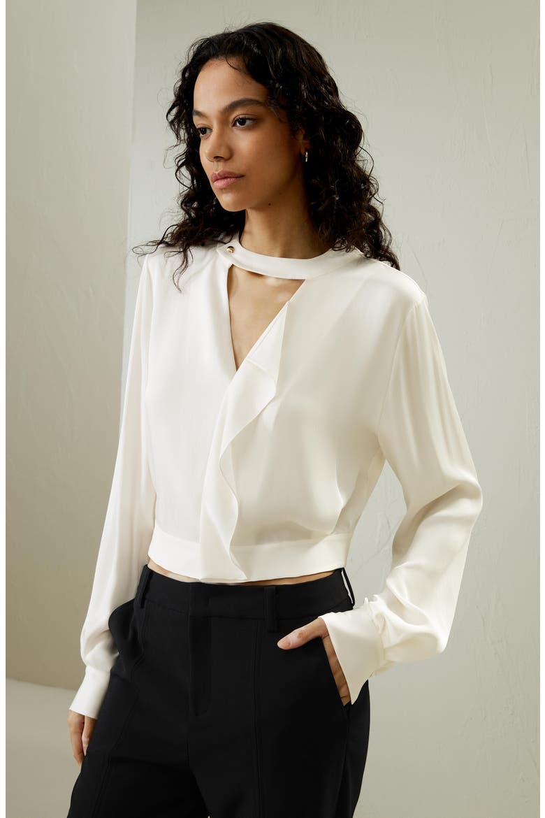 V Neck Collared Silk Shirt, Alternate, color, Pearl white