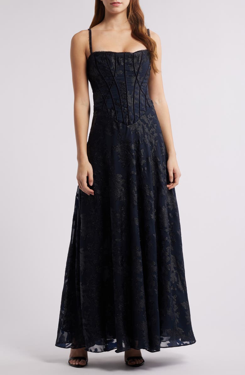 HOUSE OF CB Esme Fil Coupé Gown, Alternate, color, Navy