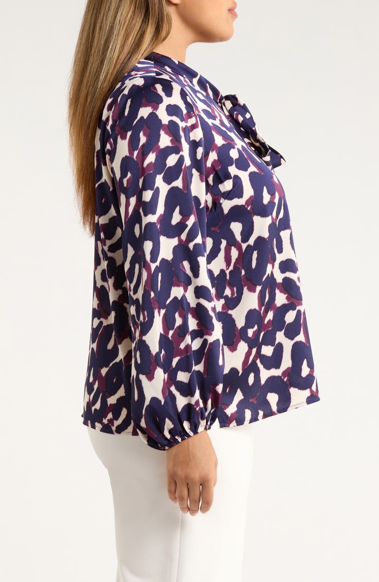 Tahari ASL Leopard Print Bow Neck Satin Top, Alternate, color, Plum Leopard