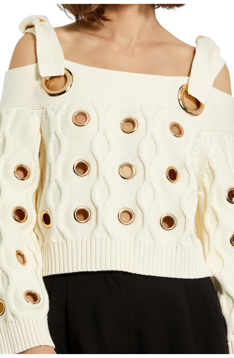 Mac Duggal Off The Shoulder Grommet Cropped Knit Sweater, Alternate, color, Cream