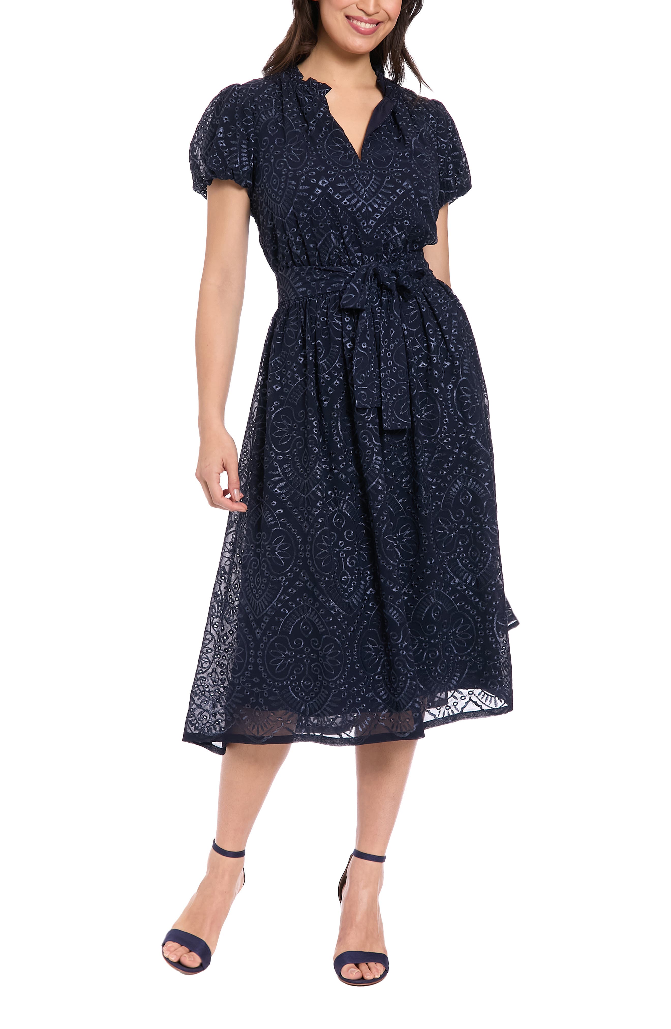 London Times Eyelet Embroidered Puff Sleeve Midi Dress