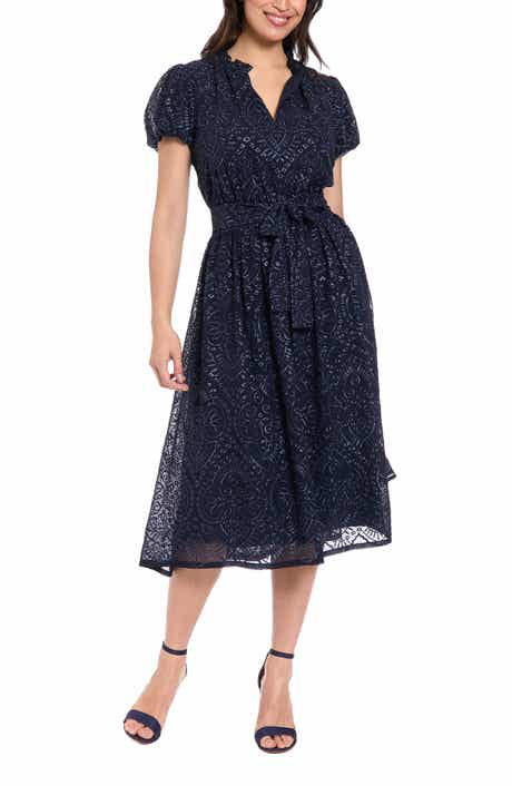 London Times Eyelet Embroidered Puff Sleeve Midi Dress