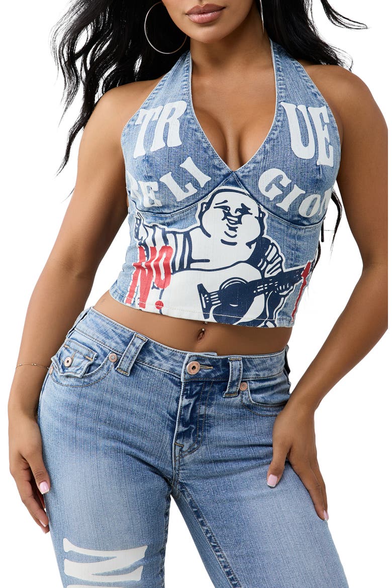 Print Denim Halter Top, Main, color, MEDIUM WASH