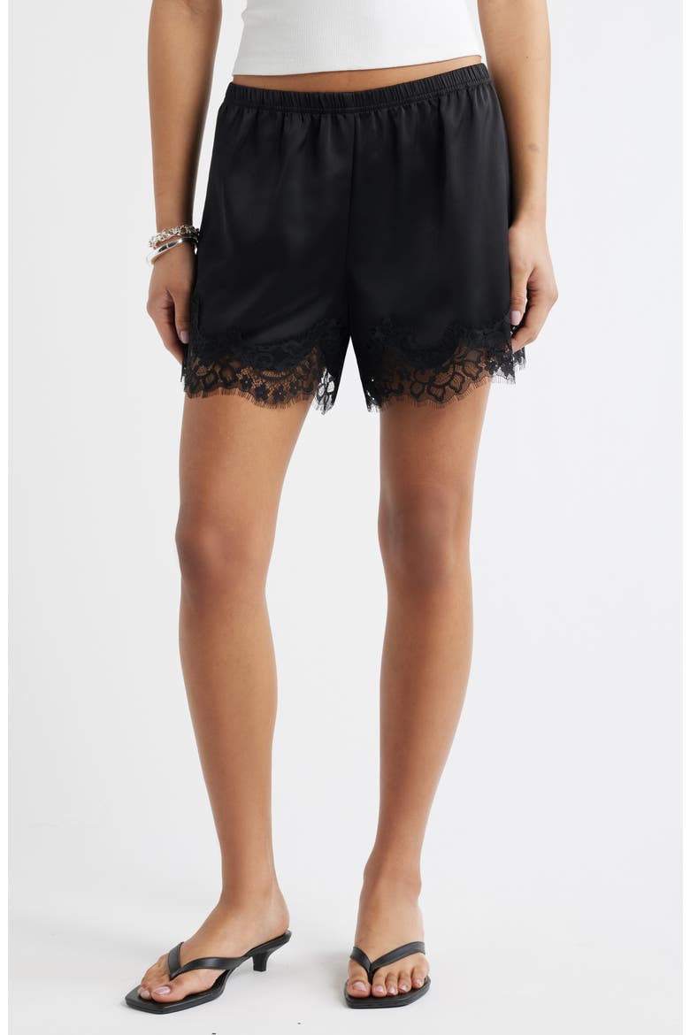 Lace Trim Satin Shorts, Main, color, BLACK