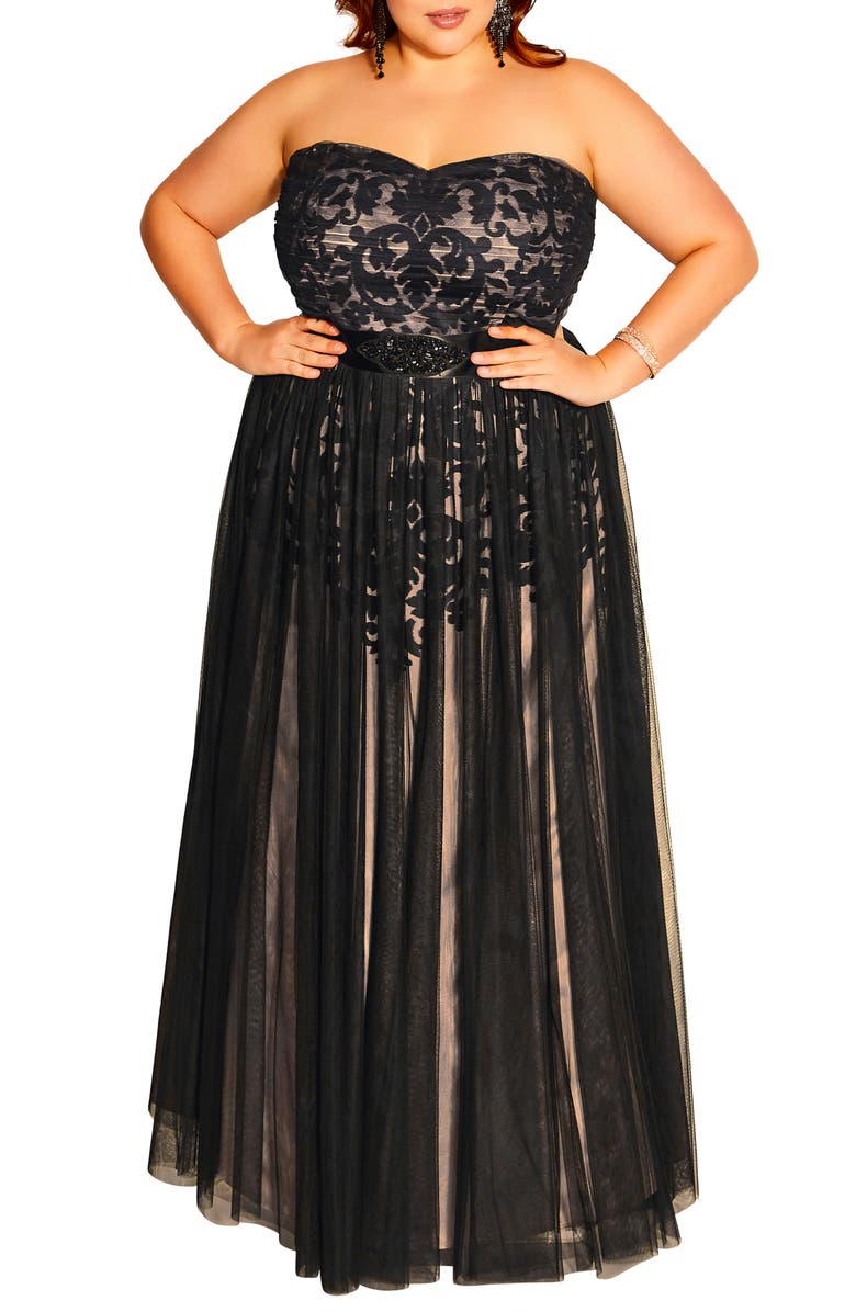 City Chic Strapless Tulle Ballgown, Alternate, color, Black