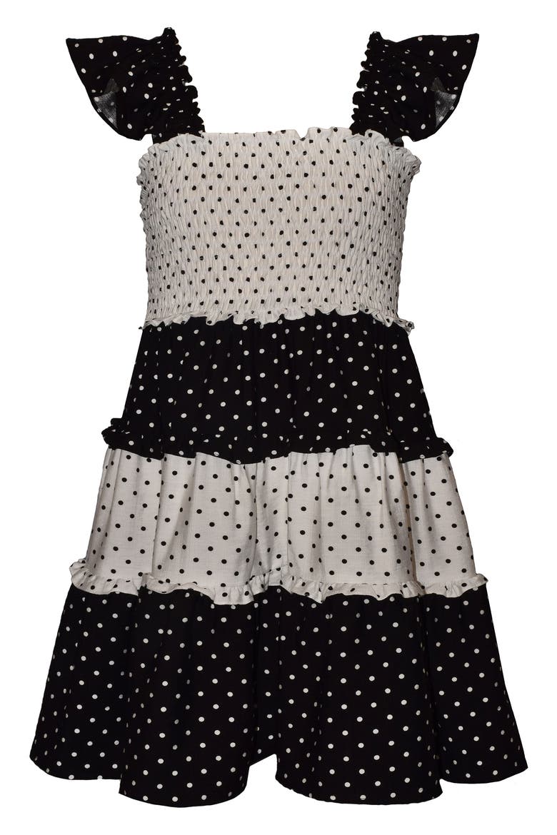 Kids' Smocked Polka Dot Tiered Dress, Main, color, BLACK/ WHITE