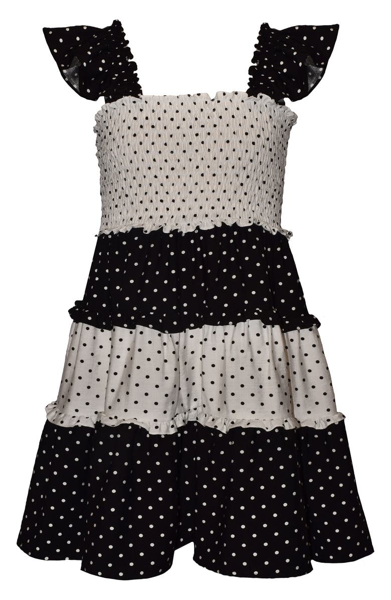 Iris & Ivy Kids' Smocked Polka Dot Tiered Dress, Main, color, Black/ White