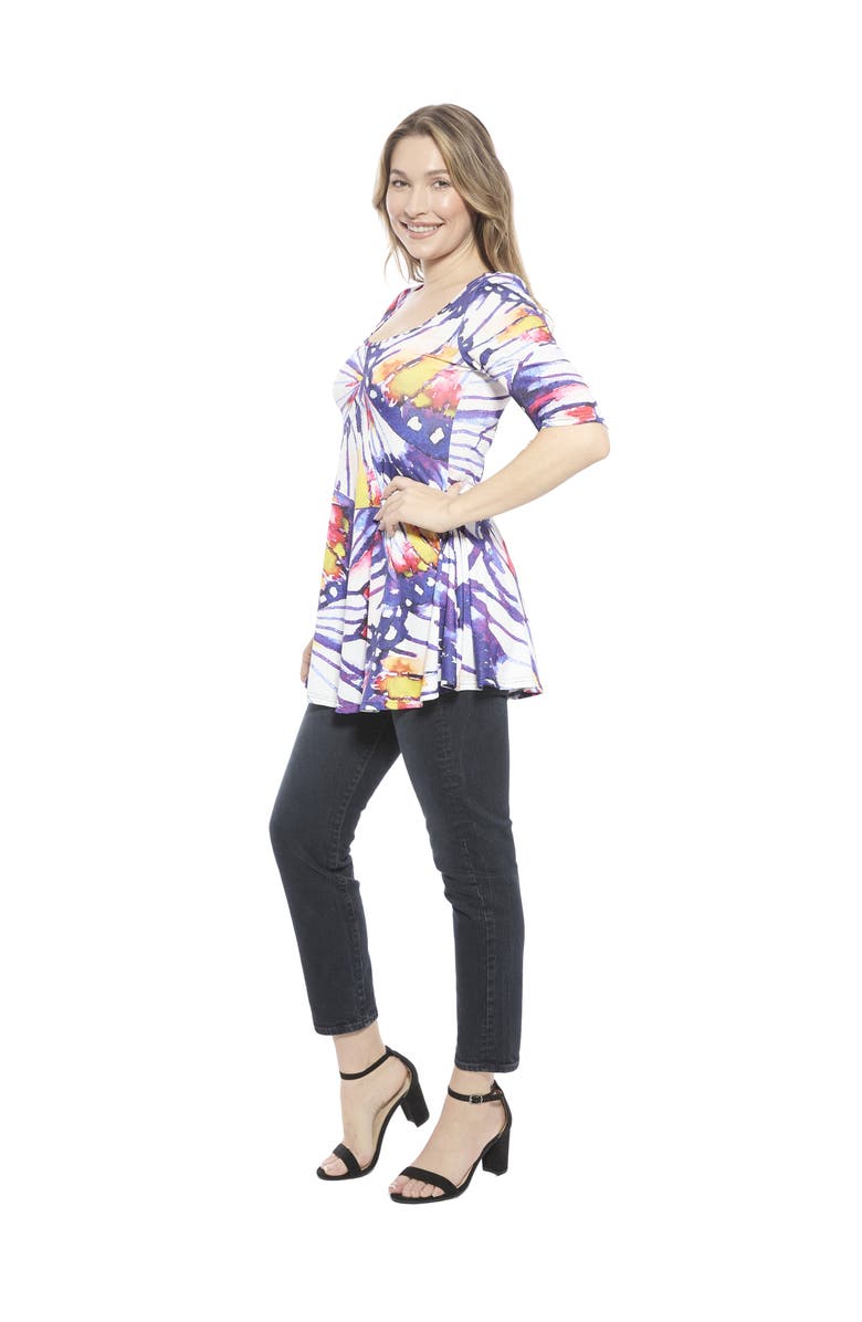 24seven Comfort Apparel Womens Butterfly Scoop Neck Elbow Sleeve Tunic Top, Alternate, color, Purple Multi