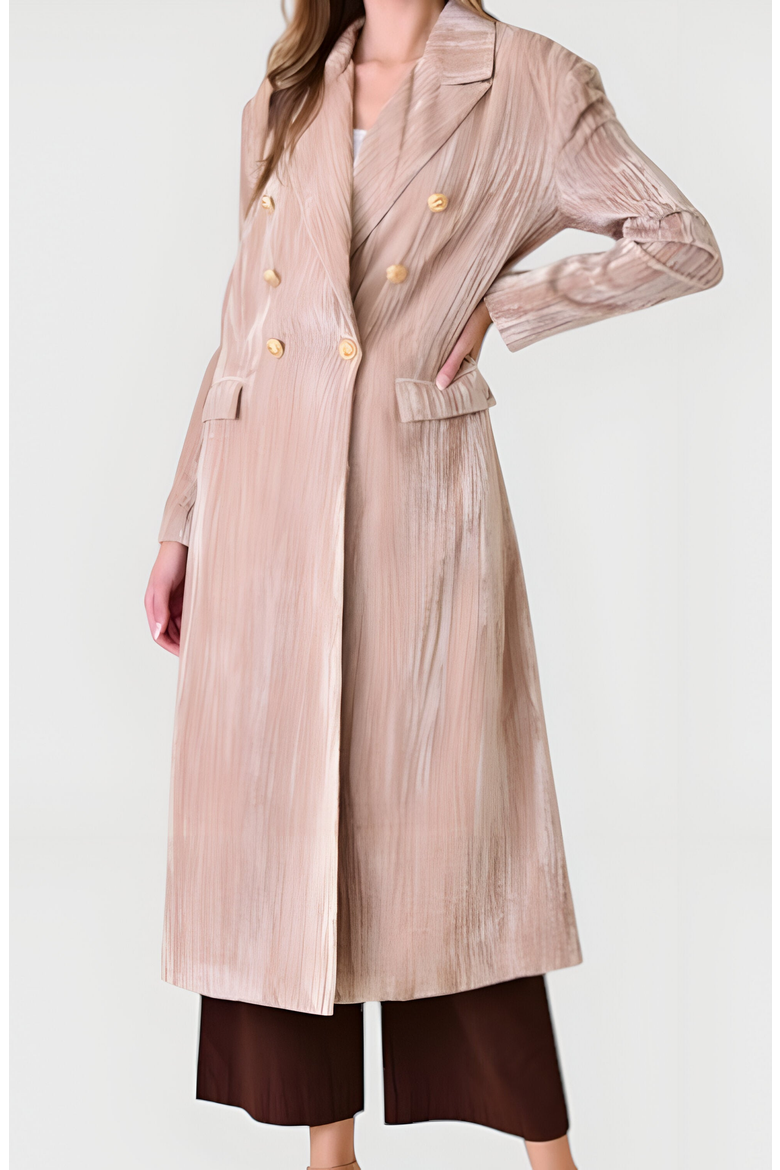 Velvet Double-Breasted Coat with Structured Lapels and Buttons, Alternate, color, Beige