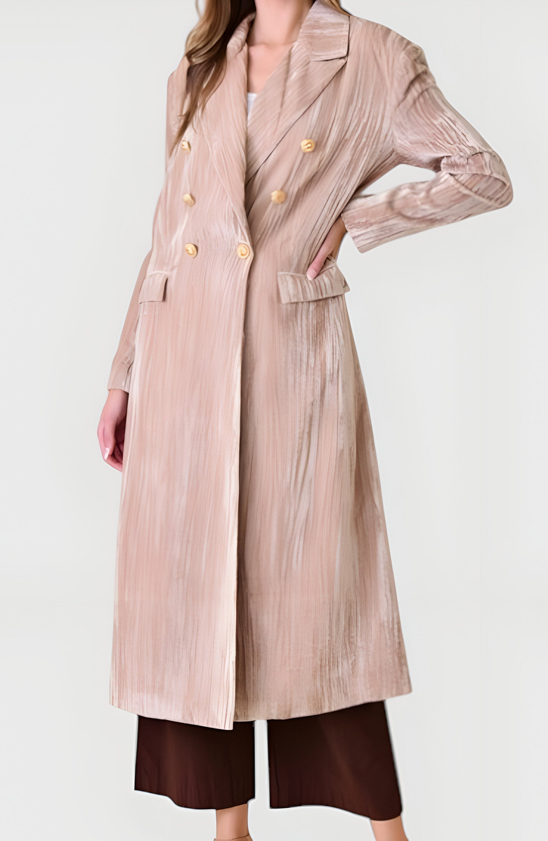 Modenaire Velvet Double-Breasted Coat with Structured Lapels and Buttons, Alternate, color, Beige