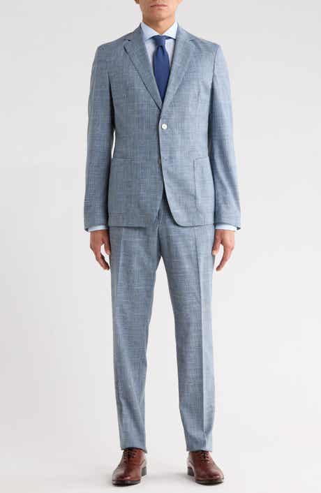 BOSS Blue Crosshatch Cotton, Wool & Linen Blend Suit