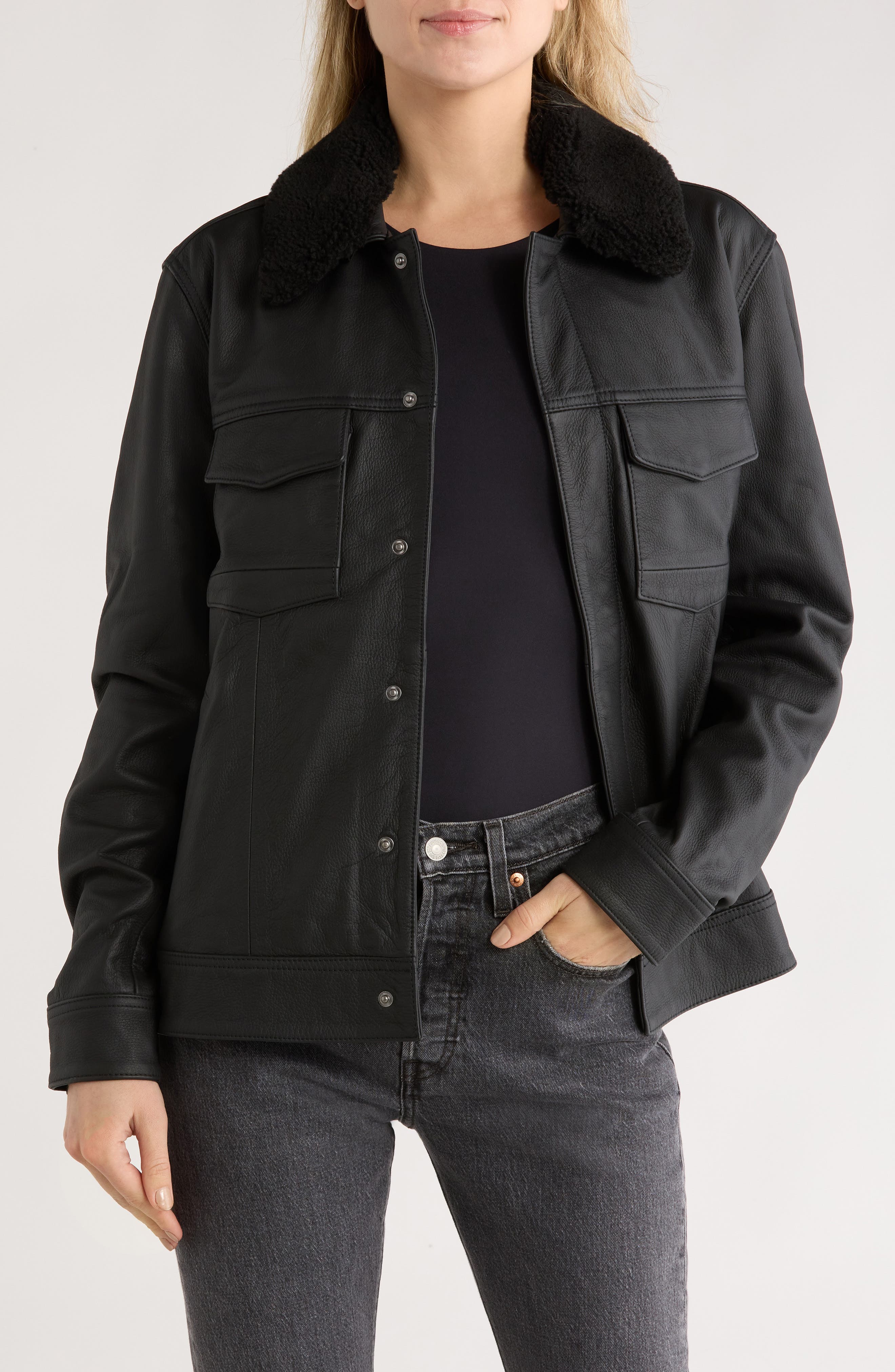 PAIGE Pedro Leather Trucker Jacket with Removable Genuine Shearling Collar