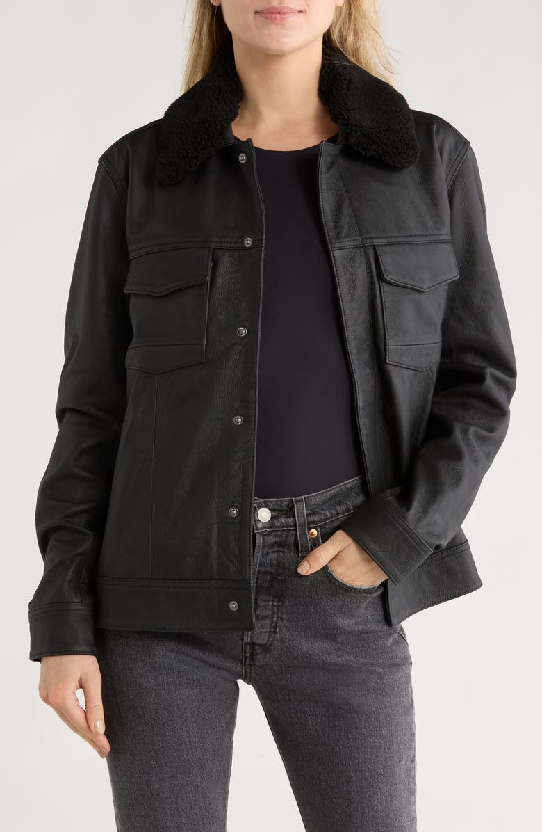 PAIGE Pedro Leather Trucker Jacket with Removable Genuine Shearling Collar, Main, color, Black