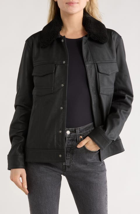 Pedro Leather Trucker Jacket with Removable Genuine Shearling Collar