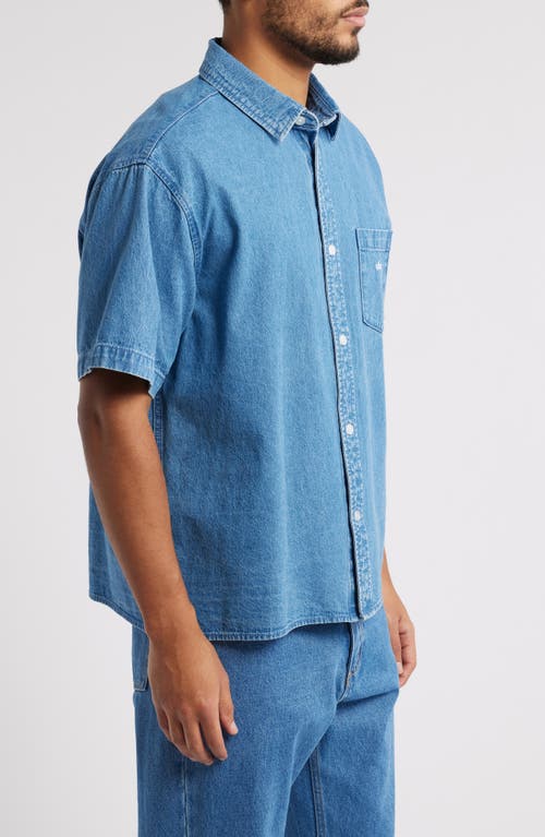 Obey Bigwig Loose Fit Short Sleeve Cotton Denim Button-up Shirt In Light Indigo