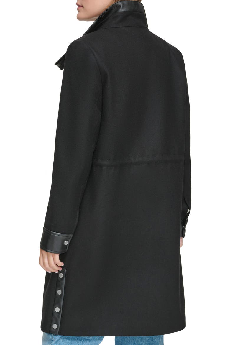 Feather Leather Trim Wool Blend Coat, Alternate, color, BLACK