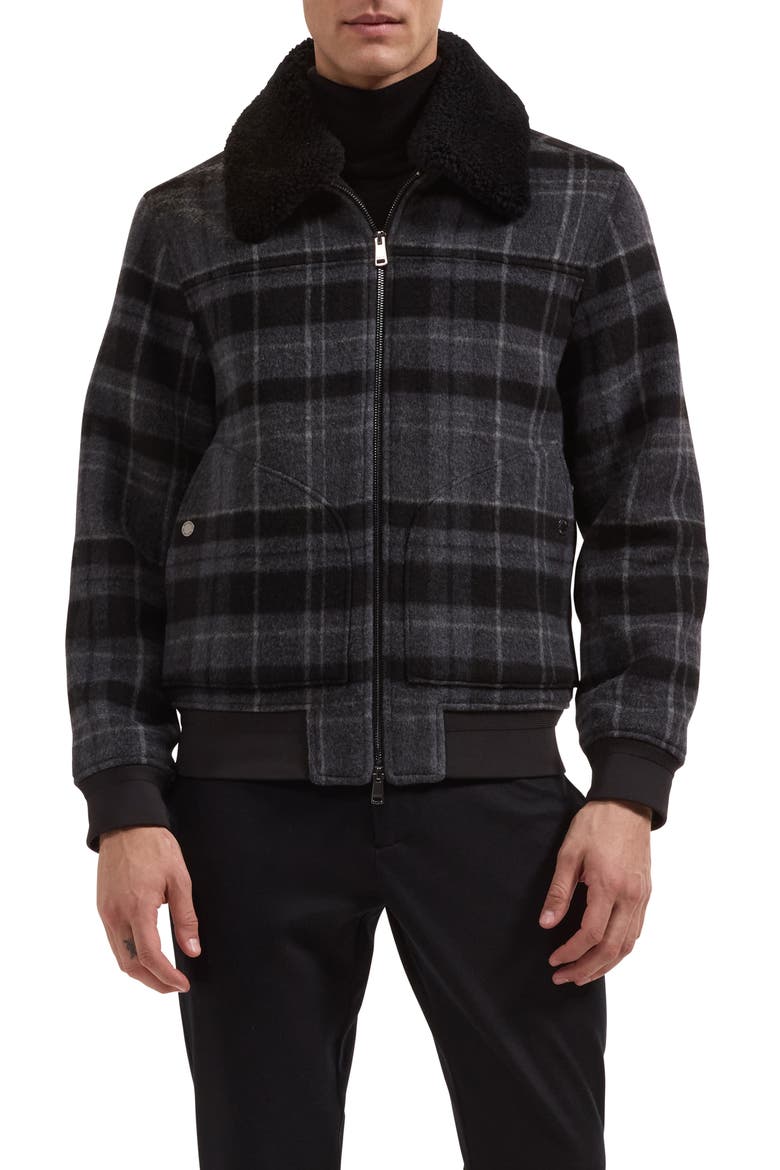 Plaid Wool Blend Blouson Jacket with Faux Shearling Collar, Main, color, BLACK