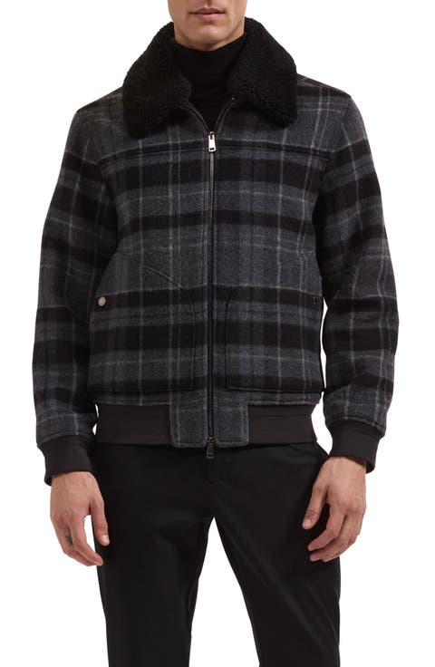 Plaid Wool Blend Blouson Jacket with Faux Shearling Collar