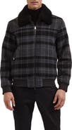 Bugatchi Plaid Wool Blend Blouson Jacket with Faux Shearling Collar