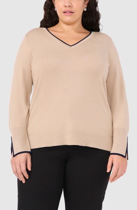 Tipped Split Cuff V-Neck Sweater (Plus)