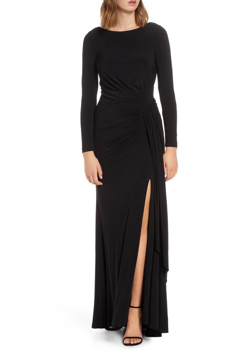 Long Sleeve Ruched Gown, Main, color, BLACK
