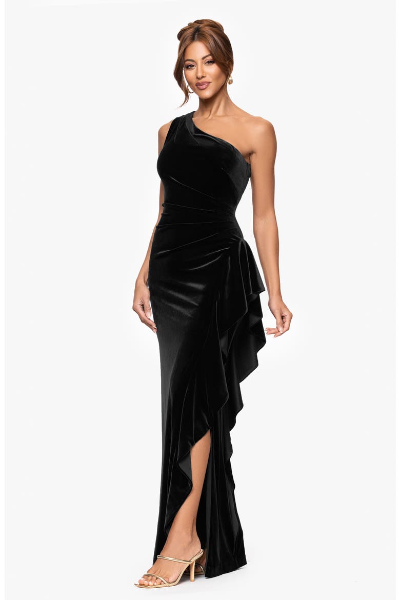 One-Shoulder Ruffle Stretch Velvet Gown, Alternate, color, BLACK