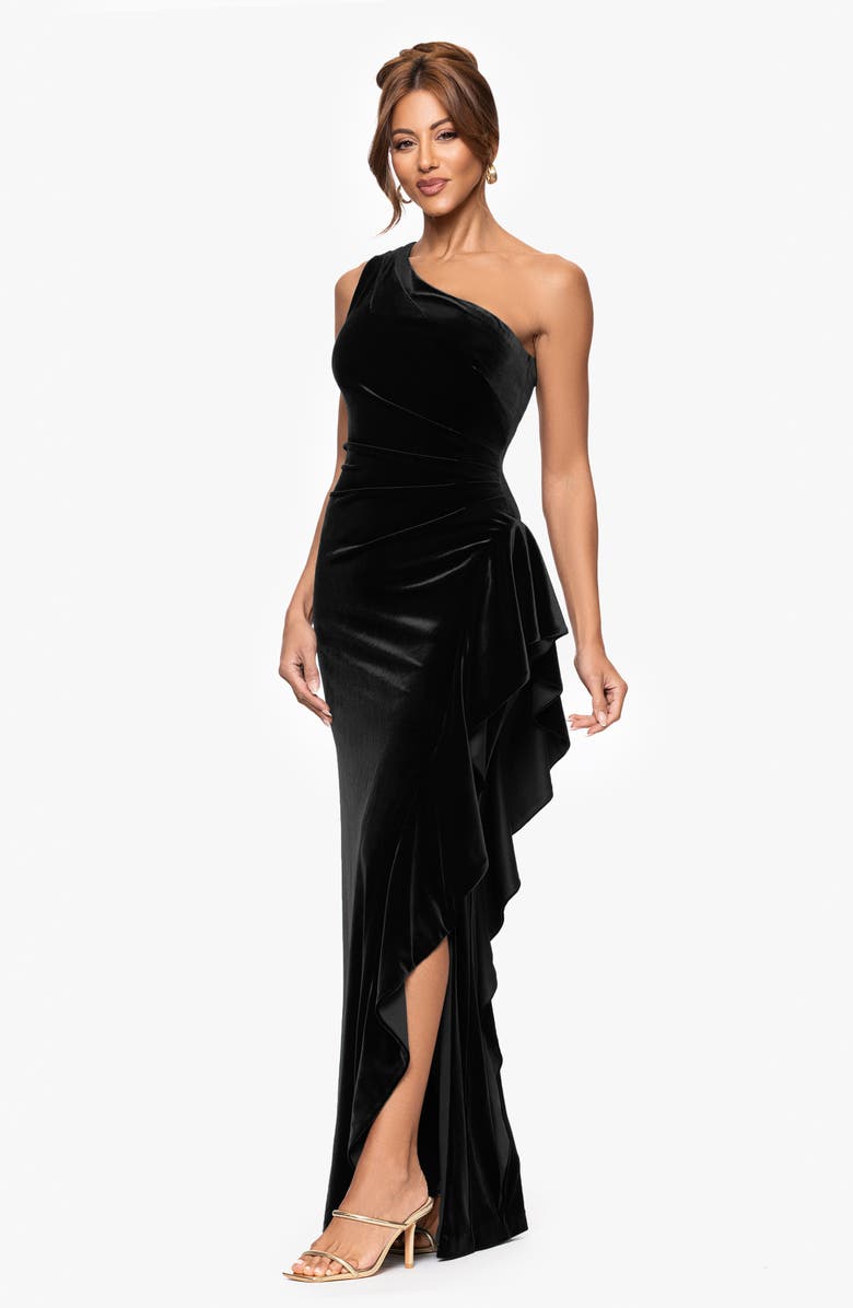Xscape Evenings One-Shoulder Ruffle Stretch Velvet Gown, Alternate, color, Black