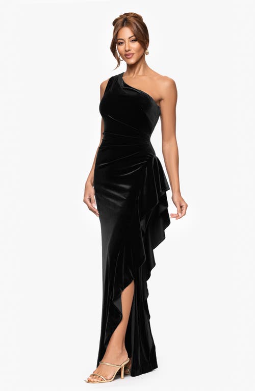 Xscape Evenings One-shoulder Ruffle Stretch Velvet Gown In Black