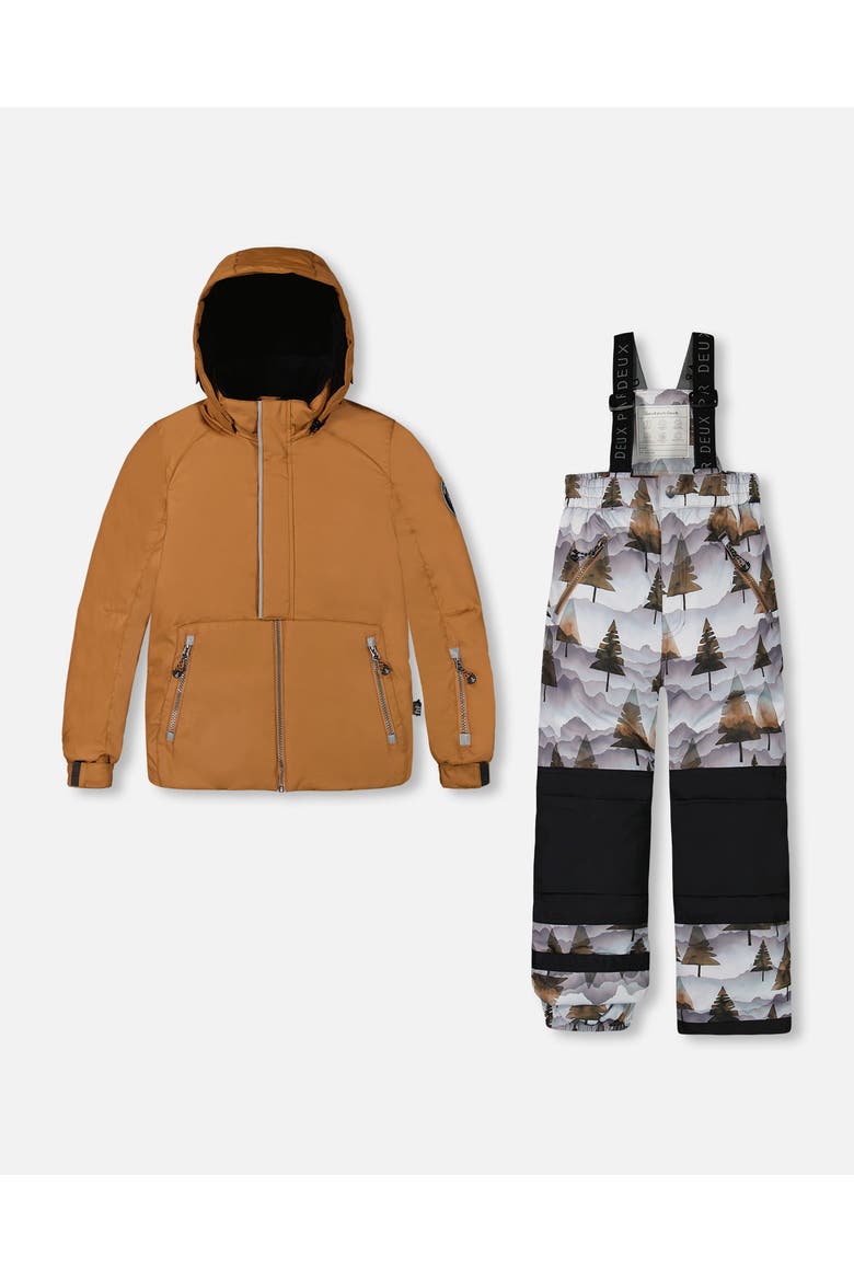 Boy's Two Piece Snowsuit Solid Brown Jacket And Grey Landscape Printed Brown Trees, Main, color, Printed Gradient Mountains