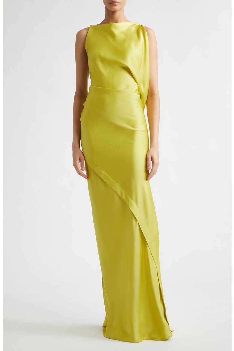 Kyra Sleeveless Draped Satin Gown, Main, color, CHARTREUSE
