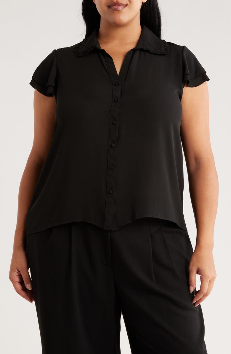 T Tahari Tiered Flutter Sleeve Button-Up Shirt, Main, color, Black