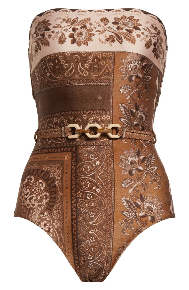 Zimmermann Lucky Belted One-Piece Bandeau Swimsuit, Alternate, color, Chocolate Bandana