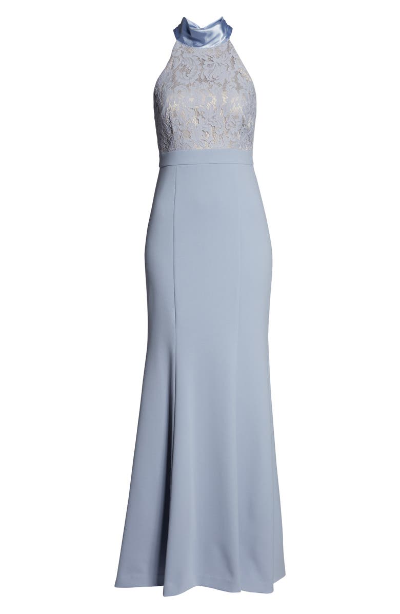 Eliza J Halter Neck Lace & Crepe Mermaid Gown, Alternate, color,