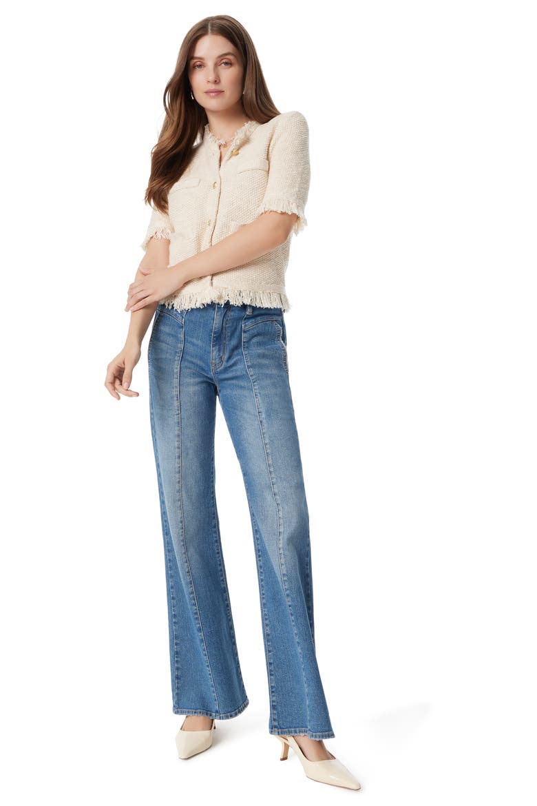 Fringe Detail Button Front Cotton Blend Sweater, Alternate, color, GARDENIA