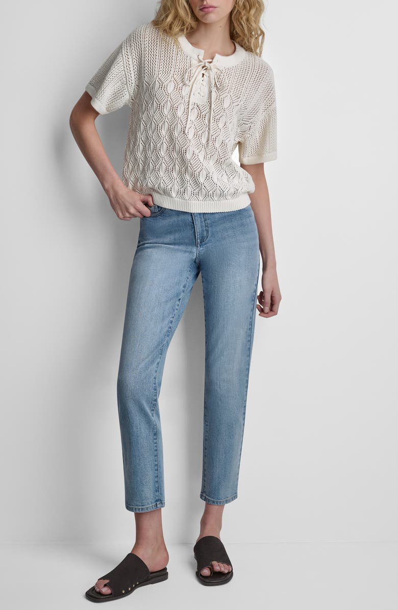 DKNY Lace-Up Placket Short Sleeve Semisheer Cotton Blend Pointelle Sweater, Alternate, color, Coconut