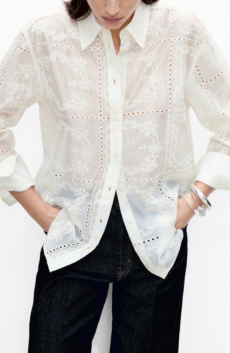 MANGO Embroidered Shirt, Main, color, Ecru