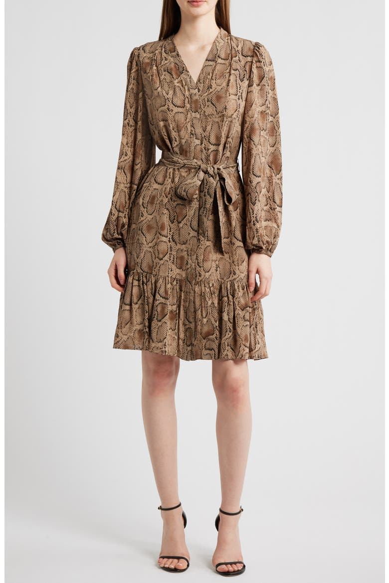 Samara Snakeskin Print Tie Waist Shirtdress, Main, color, TANNIN MULTI