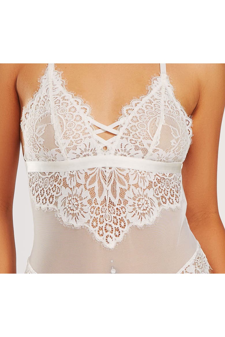 Lash Lace Sheer Mesh Halter Bodysuit, Alternate, color, White