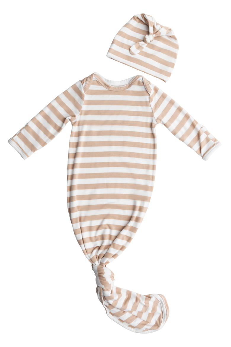 Knotted Baby Gown and Hat, Main, color, Fawn Stripe
