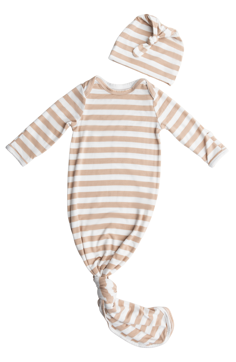 Kindred Bravely Knotted Baby Gown and Hat, Main, color, Fawn Stripe