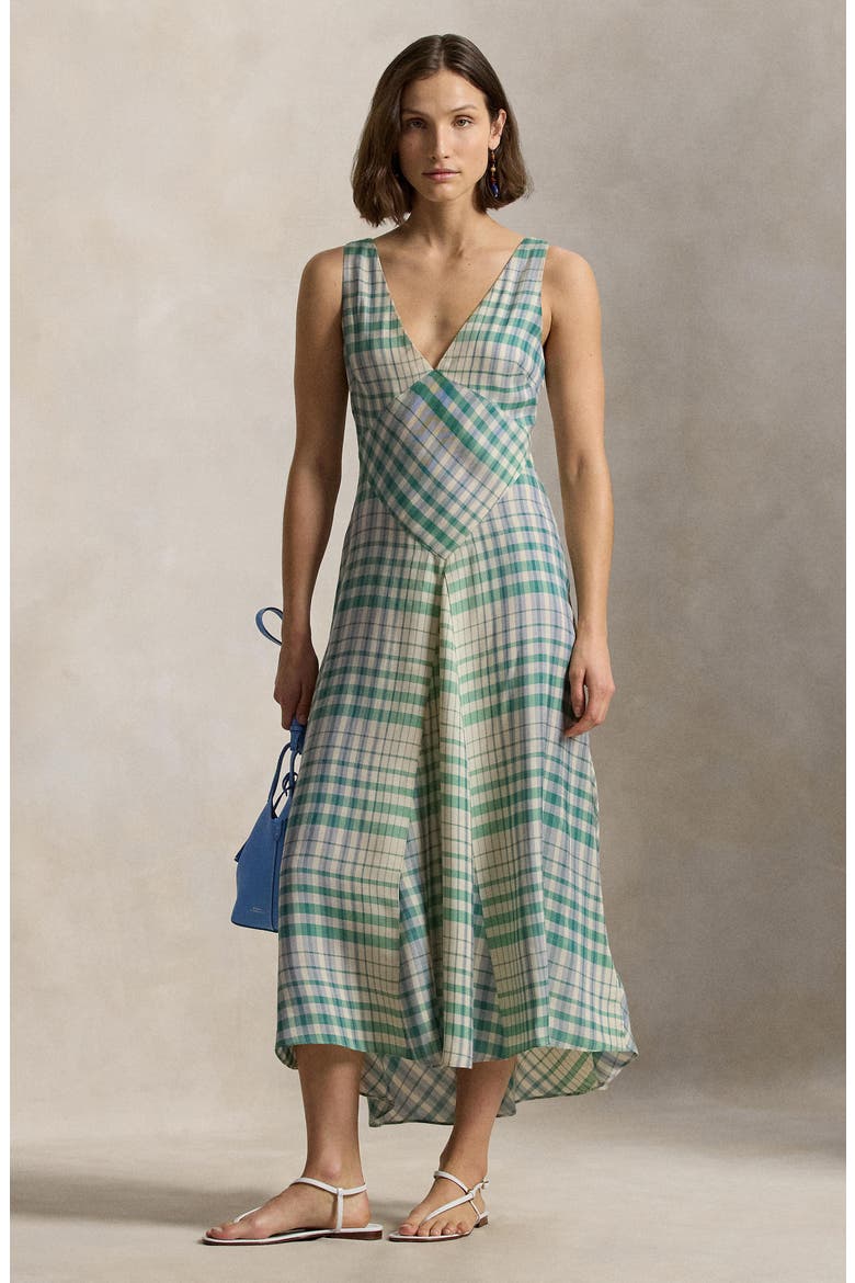 Plaid Sleeveless Twill Maxi Dress, Alternate, color, 2009 BLUE-LIGHT MAUVE PLAID