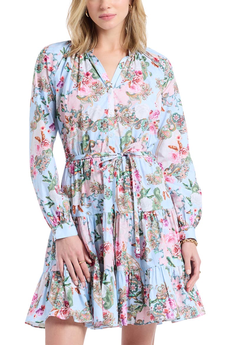 Sydney Paisley Floral Long Sleeve Tiered Shirtdress, Alternate, color, BLUE MULTI