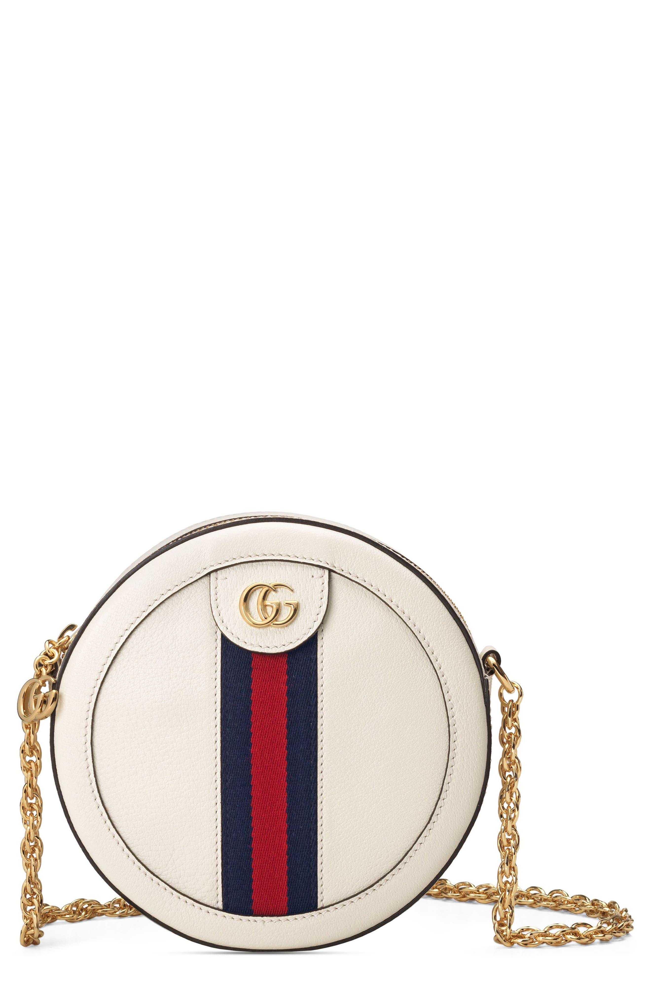 Mini Ophidia Round Leather Bag, Main, color, MYSTIC WHITE/ BLUE RED BLUE