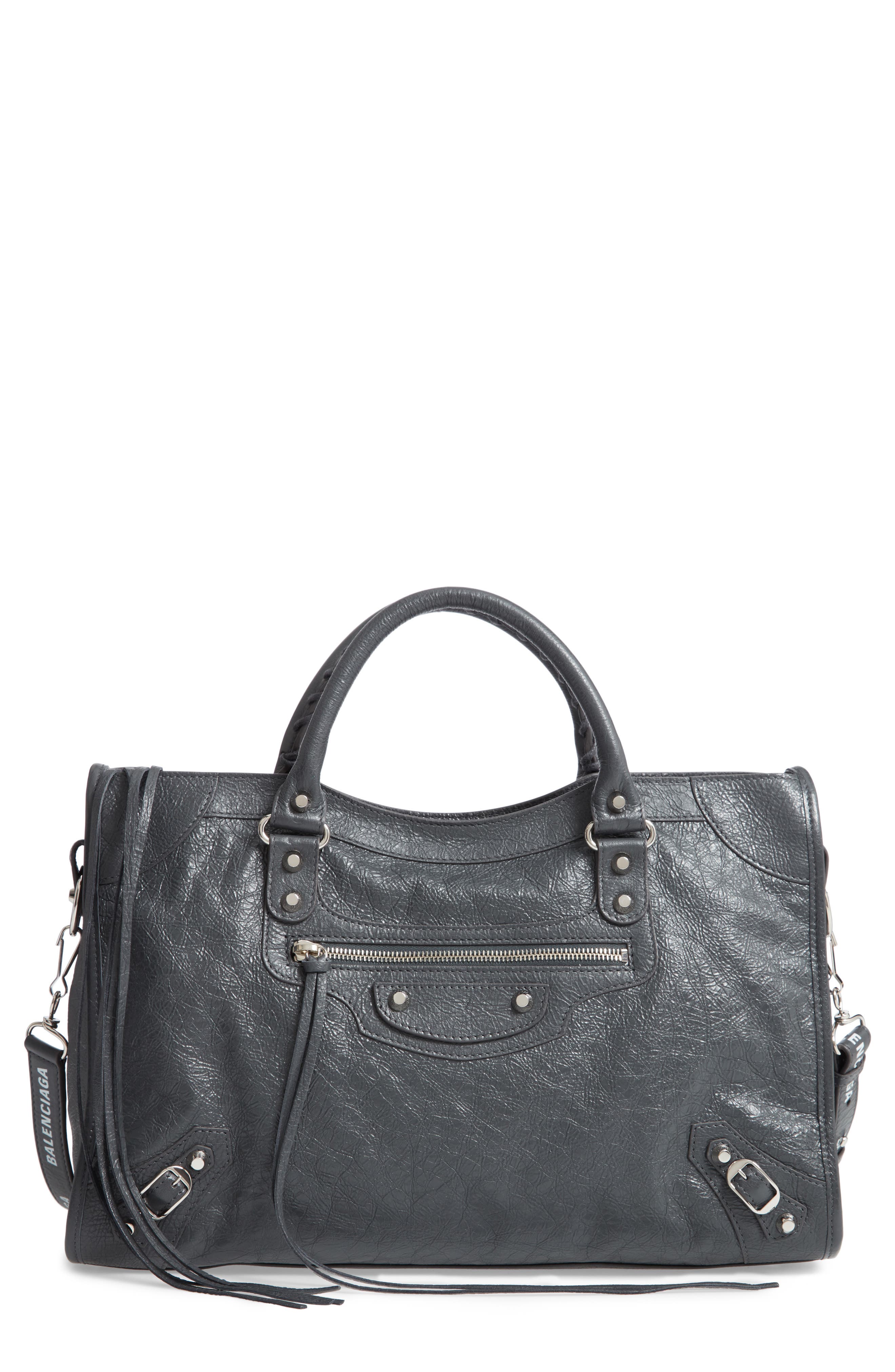 Classic City AJ Logo Strap Leather Tote, Main, color, DARK GREY/ WHITE