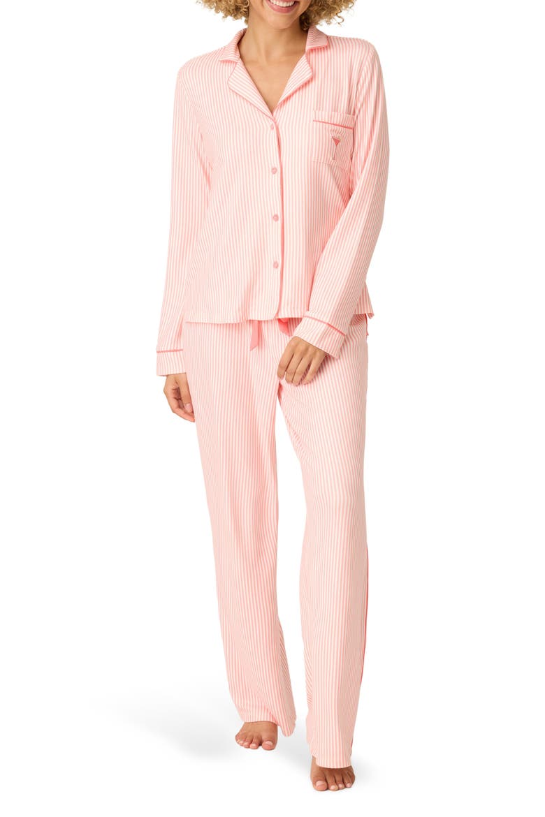 Paloma Mama Stripe Long Sleeve Pajamas & Eye Mask Set, Main, color, GRAPEFRUIT