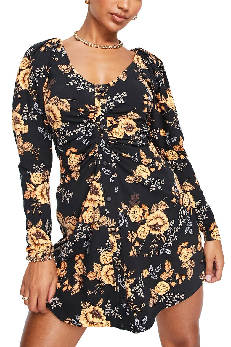 Floral Long Sleeve Stretch Cotton Ruched Jersey Dress, Main, color, BLACK