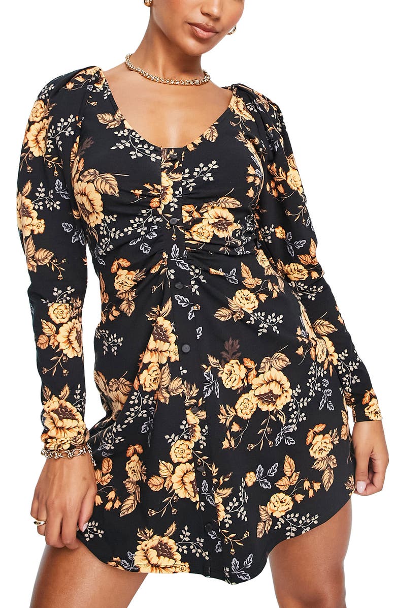 ASOS DESIGN Floral Long Sleeve Stretch Cotton Ruched Jersey Dress, Main, color, 
