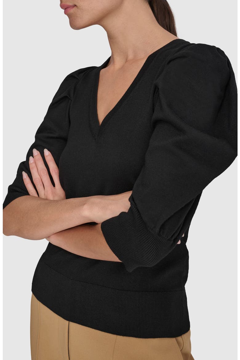 Puff Sleeve V-Neck Sweater, Alternate, color, BLACK