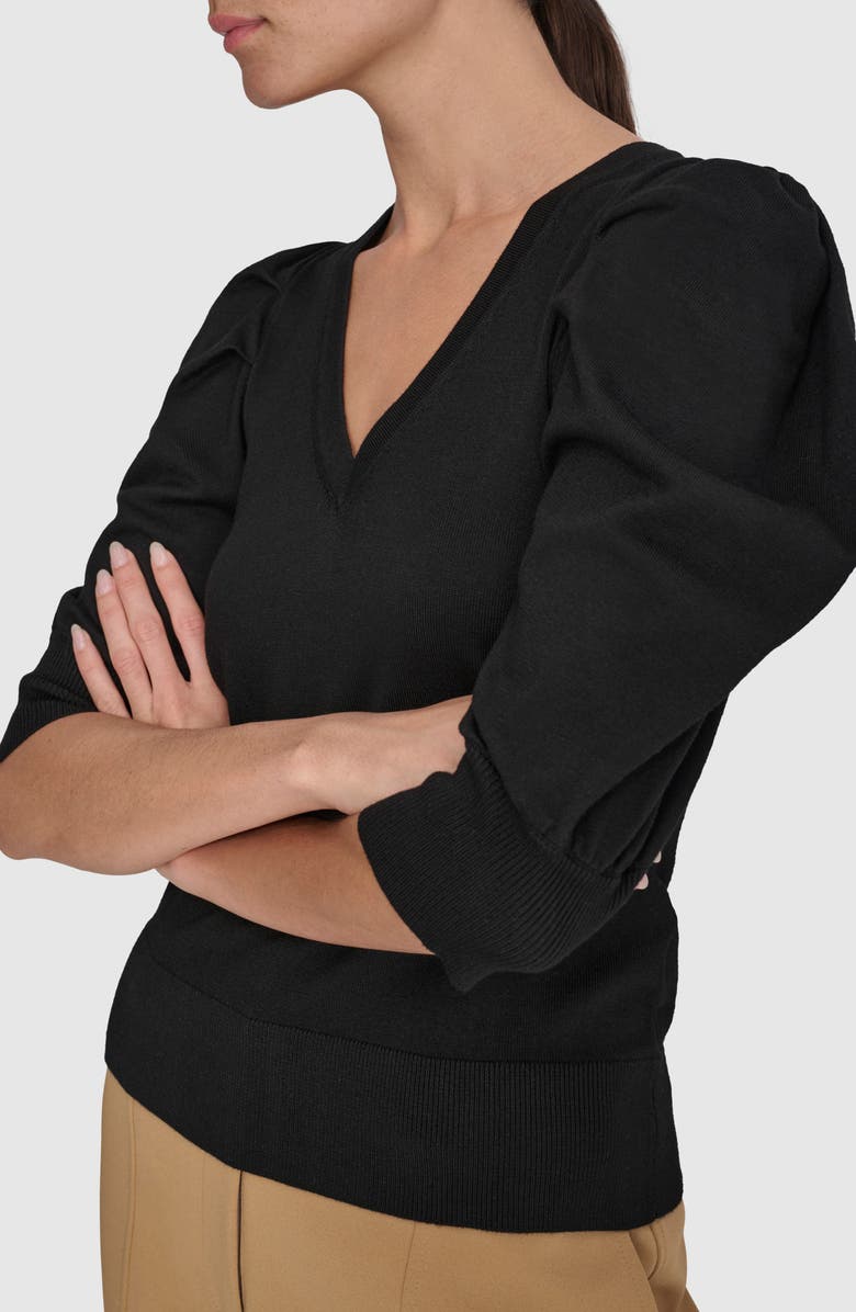 DKNY Puff Sleeve V-Neck Sweater, Alternate, color, Black